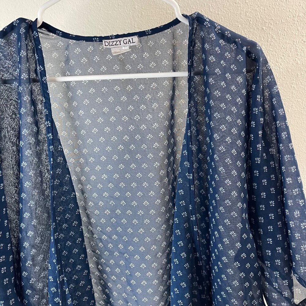 Dizzy Gal Navy Sheer Open Front Kimono Cardigan L Boho Print Women's Lightweight - Picture 8 of 8
